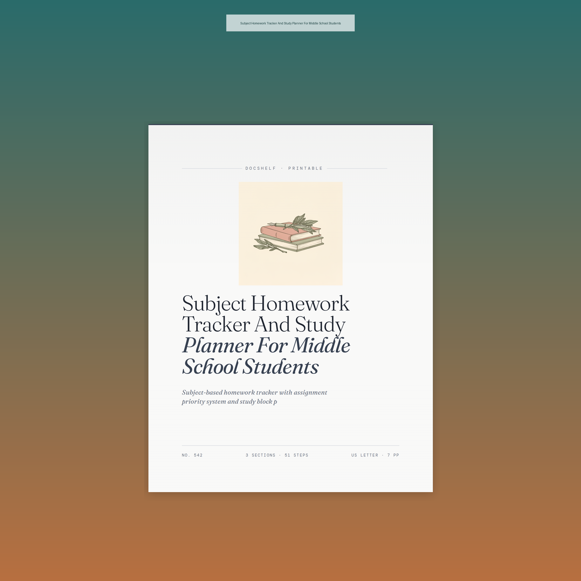 Subject Homework Tracker And Study Planner For Middle School Students
