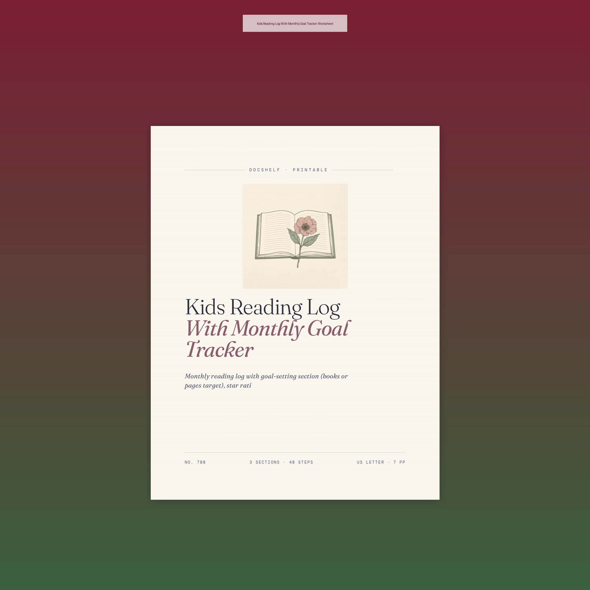 Kids Reading Log With Monthly Goal Tracker Worksheet