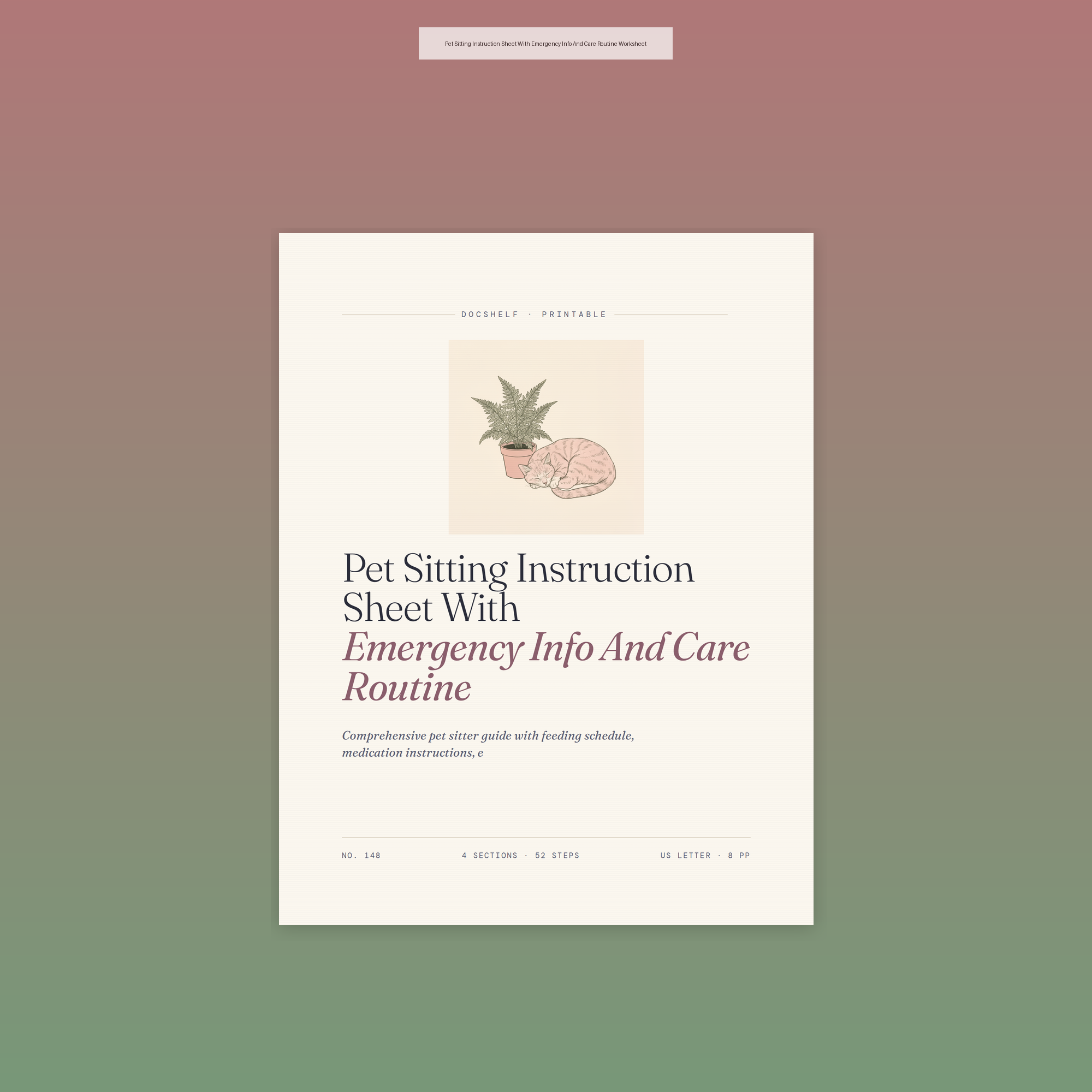 Pet Sitting Instruction Sheet With Emergency Info And Care Routine Worksheet